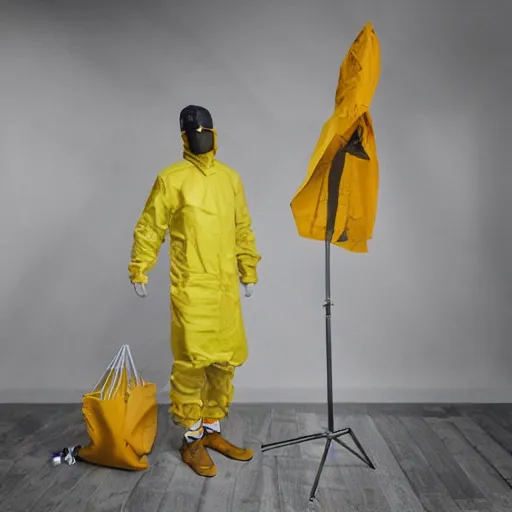 Image similar to photo studio with foggy background. yellow tent on floor. fisherman in balenciaga cloth, plastic bag and black mask. photorealistic high resolution, redshift render, 8 k