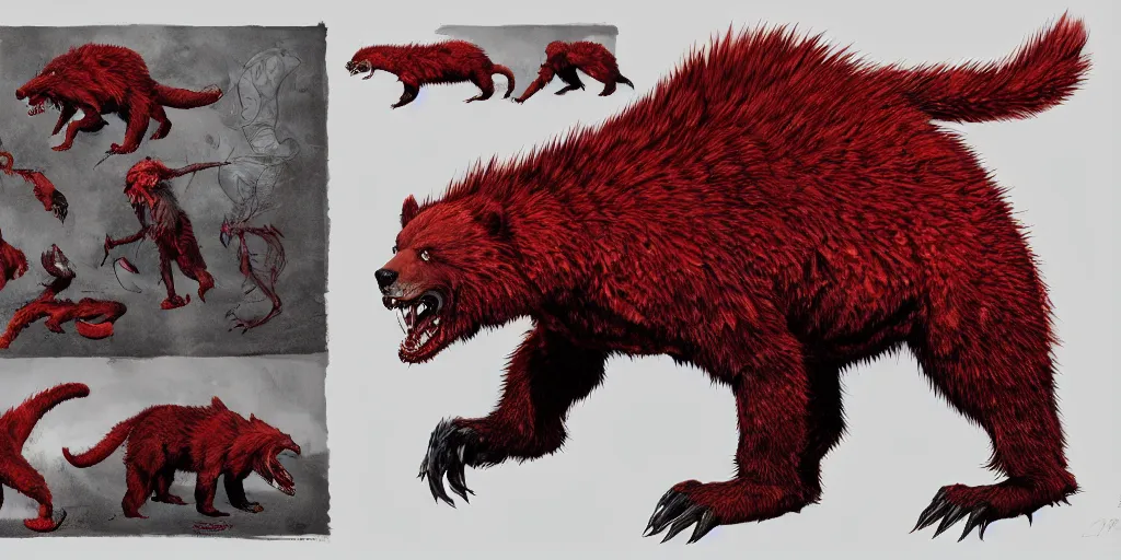 Image similar to Crimson red draconian grizzly bear character design sheet, Monster Hunter Illustrations art book, scaly, demonic, reptilian, white stripes all over its body, Moebius, Greg Rutkowski, Zabrocki, Karlkka, Jayison Devadas, Phuoc Quan, trending on Artstation, 8K, ultra wide angle, zenith view, pincushion lens effect.