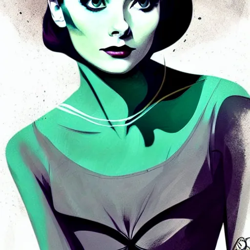 Prompt: in the style of joshua middleton, artgerm, beautiful audrey hepburn, aquapunk, bioshock, full body green dress, elegant pose, spooky, symmetrical face symmetrical eyes, three point lighting, detailed realistic eyes, insanely detailed and intricate elegant, underwater home