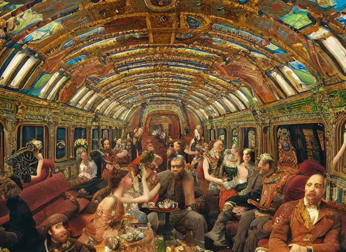 Prompt: incredibly beautiful breaktakingly detailed painting of the inside of the ornate underwater train to atlantis, various amazingly wonderful bizarre cool weird characters sat down, by ford maddox brown and william powell frith and frederic leighton, ultra wide angle, 4 k