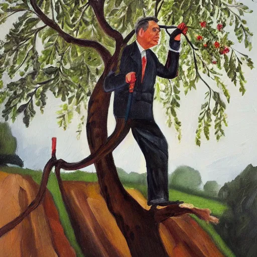 Prompt: viktor orban pruning a tree, oil painting