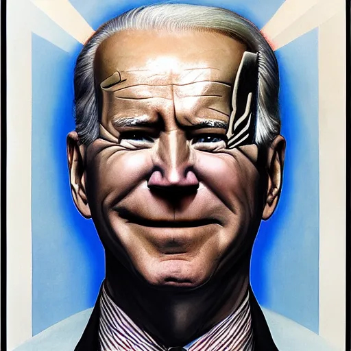 Image similar to terrifying, surreal portrait of joe biden with face sloughing off to reveal robot underneath l by j. c. leyendecker, bosch, william blake, stephen gammell, jon mcnaughton, and beksinski