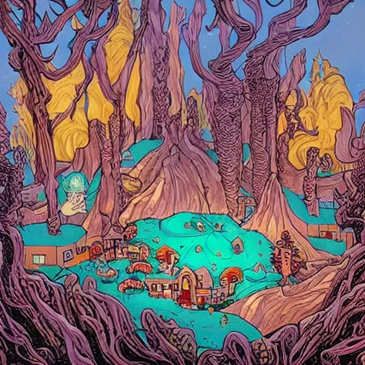 Image similar to acrylic painting, art in the style of Terry Moore, Moebius and Mohrbacher, a tiny village created out of candy with a river of chocolate, intricately detailed