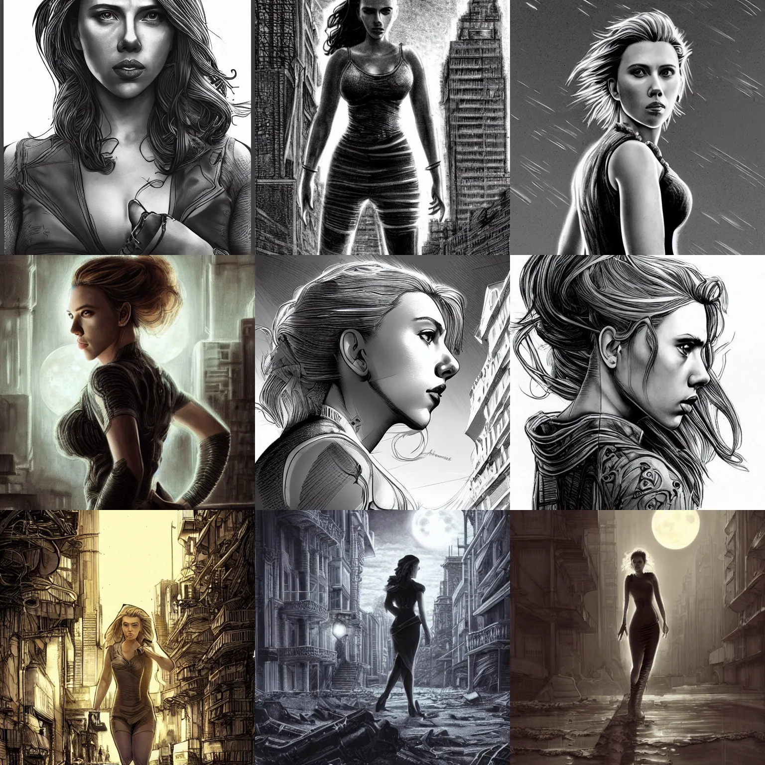 Prompt: elegant, intricate detail, looking towards camera, scarlett johansson, full body profile, dynamic wide angle lens, by rey bustos pencil and ink, full moon lighting, fully clothed, in a post apocalyptic city, dramatic lighting, super accurate and correct human anatomy!!!