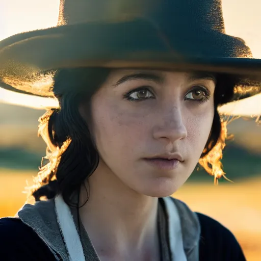 Prompt: beautiful close - up shot of angela saraphian as clementine in westwold who looks into the distance, beautiful natural light, golden hour, focus on her face, photorealistic, fujifilm x - pro 2, by annie leibowitz