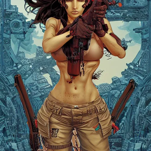 Image similar to portrait of crazy lara croft, symmetrical, cinematic colors, by yoichi hatakenaka, masamune shirow, josan gonzales and dan mumford, ayami kojima, takato yamamoto, barclay shaw, karol bak, yukito kishiro