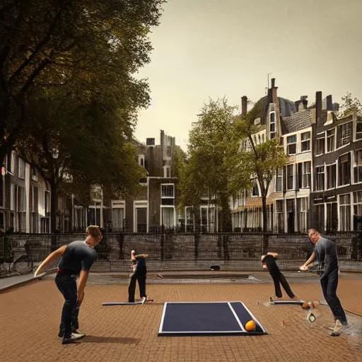 Prompt: playing petanque next to prinsengracht, intricate detail, beautiful aesthetic, photorealistic, award winning professional petanque sports photography cinematic composition, volumetric lighting 8 k by rembrandt van rijn