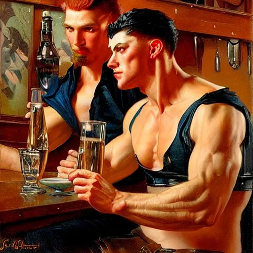 Image similar to attractive muscular male with red hair and muscular attractive male with black hair, drinking their hearts out, in a pub. very defined and highly detailed painting by j. c. leyendecker, gaston bussiere, craig mullins 8 k