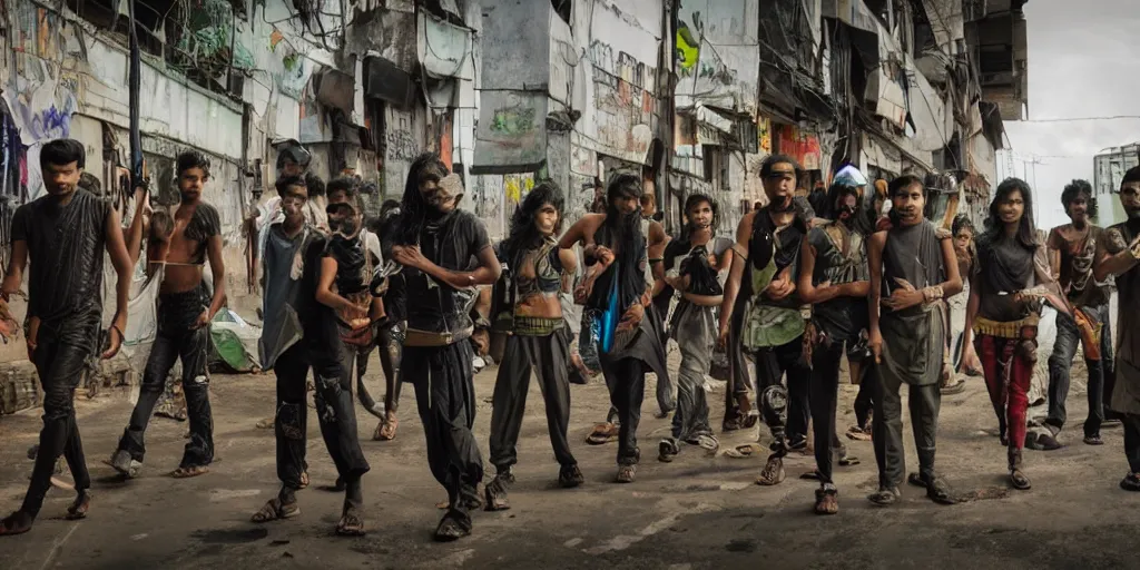 Image similar to sri lankan cyberpunk gang, film still, epic shot cinematography, rule of thirds, fantasy movie style