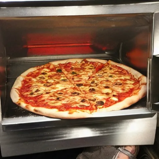 Image similar to quentin tarantino trapped inside a pizza oven