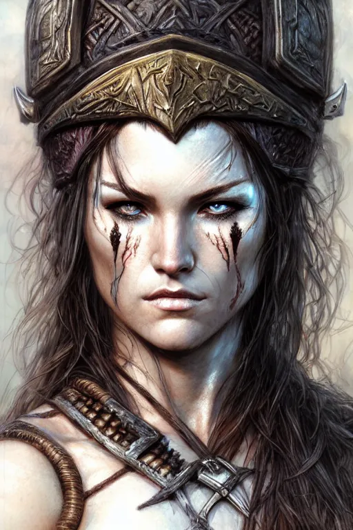 Prompt: head and shoulders portrait of a barbarian, female, high fantasy, dnd, face details, extremely detailed, smooth, digital illustration, by luis royo, magali villeneuve, donato giancola, wlop, krenz cushart, artgerm