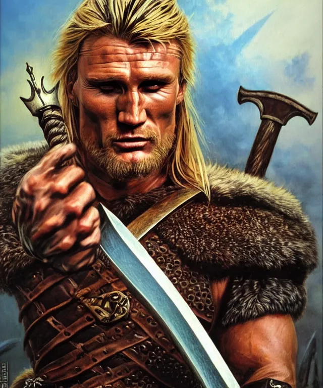 Prompt: a ( fantasy comic ) ( cover art ) portrait of ( dolph lundgren ) as a ( viking warlord ) pointing his sword at the viewer, oil painting by charles moll and don maitz and serhiy krykun and artgerm, photorealistic, d & d, highly detailed!, hd, 4 k, trending on artstation