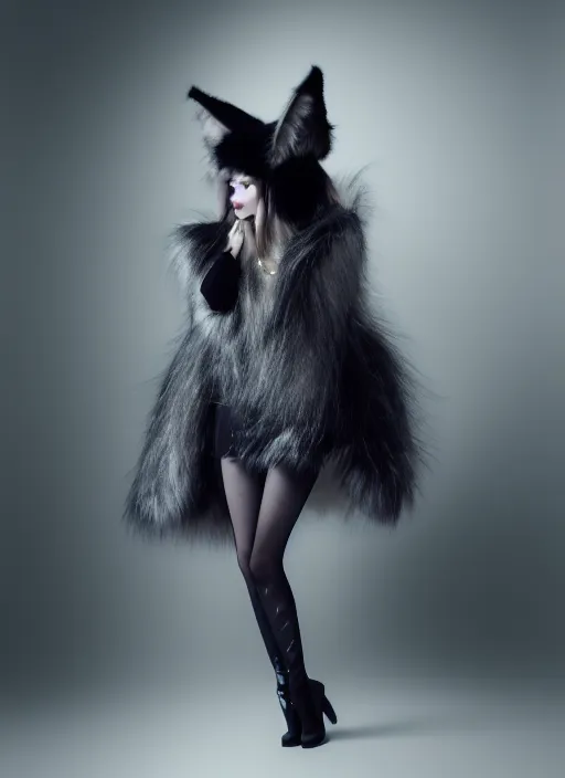 Image similar to full body environmental portrait photo of dressed catgirl anya taylor - joy, cat ears, fur, glamour shot by gemmy woud - binnendijk, chris knight, photorealistic, canon r 3, high fashion photography, elegant, luxury and elite, symmetry, octane render, unreal engine, solid dark grey background, dramatic studio lights, high fashion journal cover