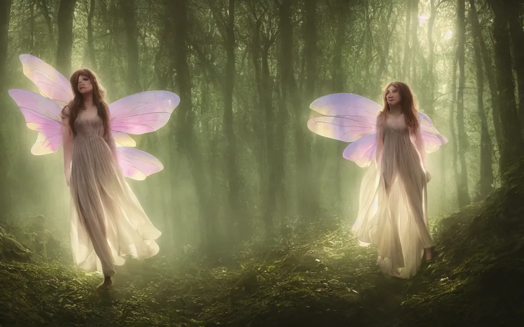 Prompt: a beautiful faery wearing petals made of chiffon folds, beautiful face, silk luminescent, iridescent, pearlescent, glint, rays, spring season, in a dense forest, twilight light, film grain, cinematic, wild flowers, clear river running trough the woods, mist, dreamy, 8 k, octane rendering