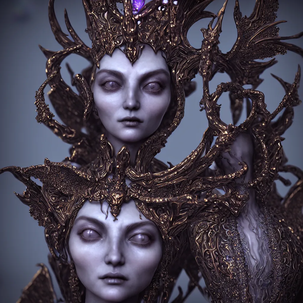 Prompt: a single close up photo - real delicate ceramic porcelain sculpture of an ornate majestic dark necromancer queen by rafael, backlit lighting, translucent, thin porcelain, octane renderer, colorful, physically based rendering,