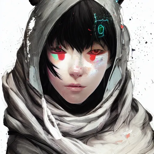 Image similar to a pale skinny white young girl with black hair, the hime cut, 1 8, in a black hoodie, and a cat, apex legends character, digital illustration portrait design, by android jones and greg rutkowski, retrowave color scheme, detailed, cinematic lighting, wide angle action dynamic portrait