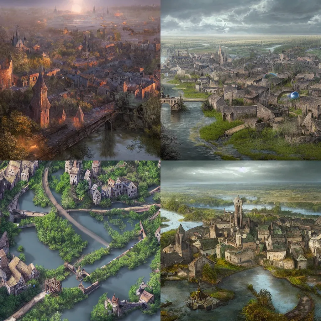 Prompt: airborne view of a downtrodden medieval town by a river in a swamp with an energy field surrounding it, 4k, by Greg Rutkowski, fantasy, mix of celtic and Rus architecture, magic bubble barrier, cinematic