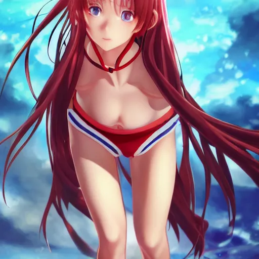 Image similar to a very beautiful mature yuuki asuna, full body, long wavy red hair, sky blue eyes, full round face, bikini, miniskirt, front view, mid - shot, cute pose, highly detailed, cinematic wallpaper by stanley artgerm lau