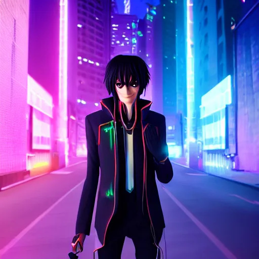 Image similar to Lelouch Lamperouge in a neon city, octane render 8k, atmospheric render, myserious man, professional render, volumetric light, artstation, redshift render, low angle camera, eccentric face