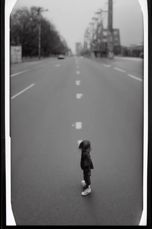 Image similar to polaroid photo of sad and lonely child in the middle of an empty street in a big city, wet collodion technique, photorealistic, 35mm film, lens 85mm, f2.8, black and white, polaroid, view camera.