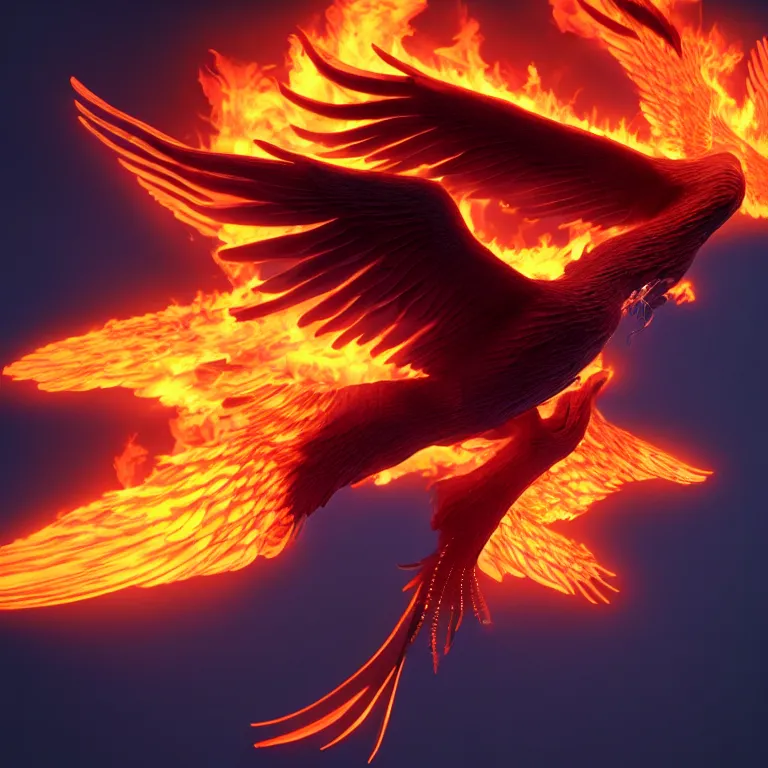 Image similar to phoenix with with flamimg wings, 3 d render, 3 d rendered, hdr, unreal engine 5, ray tracing, dynamic lighting, flame colors, black gradient background, high detail,