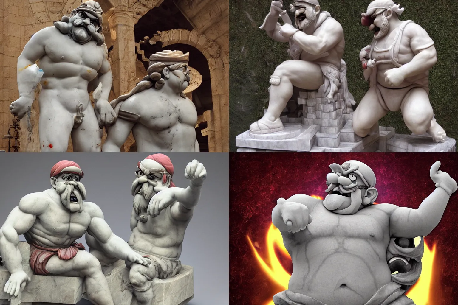 Prompt: marble statue of wario. crying tears of blood