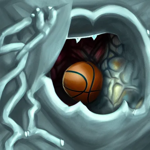 Prompt: a mimic disguised as a basketball inside of a dimly lit cave gnarling it's teeth fantasy, digital painting