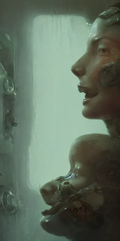 Image similar to close up face portrait of a machine dreaming with it's eyes open in a bathtub inside of a apocalyptic bathroom, extremely detailed digital painting, in the style of fenghua zhong and ruan jia and jeremy lipking and peter mohrbacher, mystical colors, rim light, beautiful lighting, 8 k, stunning scene, raytracing, octane, trending on artstation