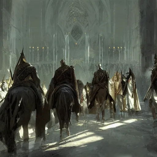 Image similar to aragorn coronation in minas tirith, painting by craig mullins greg rutkowski, strong contrast,