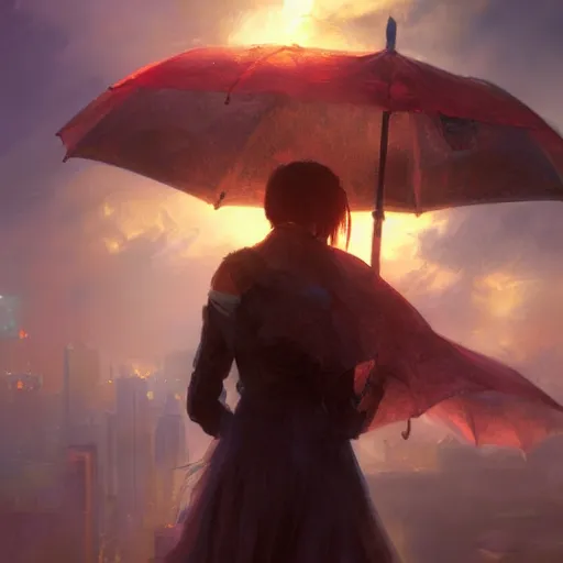 Image similar to ( ( ( red sky with an umbrella ) ) ) by daniel f. gerhartz and matt stewart, fantasy, photorealistic, octane render, unreal engine, dynamic lighting, perfect factions, very detailed faces, trending on artstation, poster, volumetric lighting, 4 k, award winning