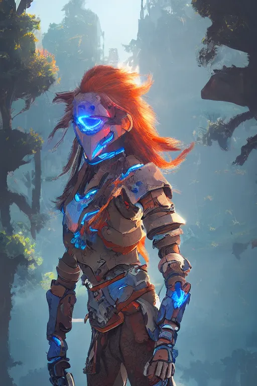 Image similar to combination suit armor aloy horizon forbidden west horizon zero dawn radiating a glowing aura global illumination ray tracing hdr fanart arstation by ian pesty and alena aenami artworks in 4 k tribal robot ninja mask helmet backpack