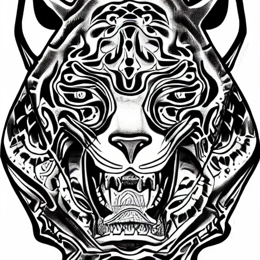 Image similar to jaguar head tattoodesign, frontview, black and white, white background. very detailed ink drawing, fine lineart, extremely detailed