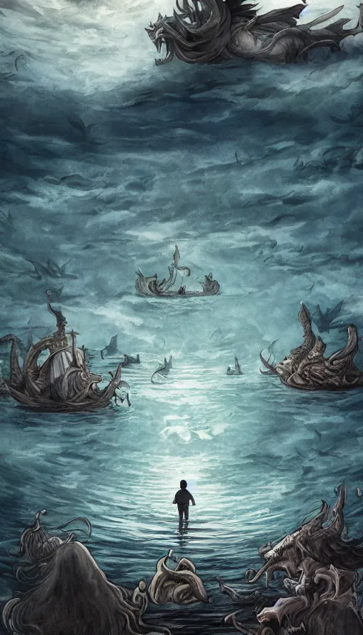 Prompt: man on boat crossing a body of water in hell with creatures in the water, sea of souls, by wit studio