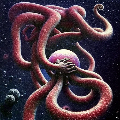 Prompt: galaxy in space grabbed by tentacles from void!!!! by beksinski!!, mc escher!!, tessellation, trending on artstation, profile picture logo, movie scene