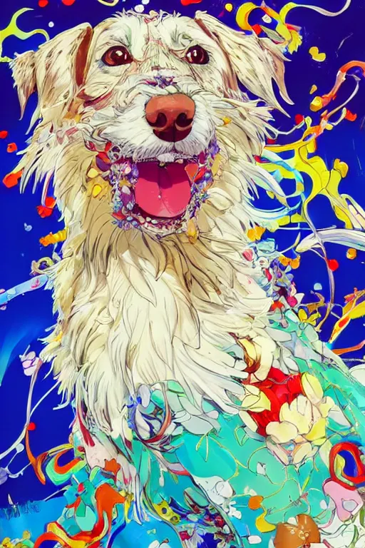 Prompt: maximalist joyful dog, trending on pixiv fanbox, painted by makoto shinkai takashi takeuchi studio ghibli, akihiko yoshida, yoshitaka amano, wangechi mutu, clean cel shaded vector art. shutterstock. behance hd by lois van baarle, artgerm, helen huang, rossdraws, illustration