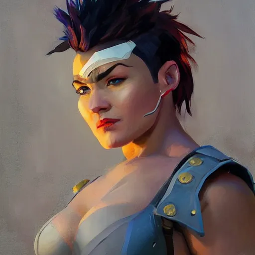 Image similar to greg manchess portrait of zarya from overwatch, medium shot, asymmetrical, profile picture, organic painting, sunny day, matte painting, bold shapes, hard edges, street art, trending on artstation, by huang guangjian and gil elvgren and sachin teng