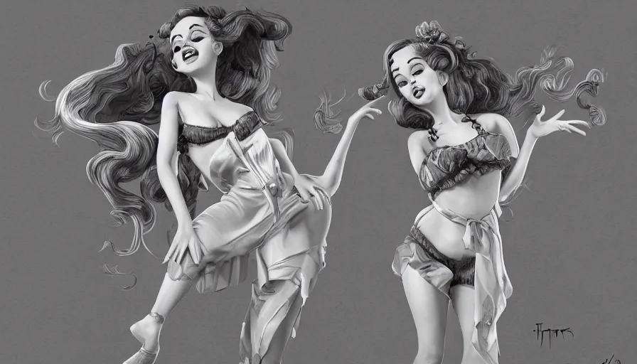 Image similar to girls dancing for lovely music, masterpiece, pinup, highly detailed, claymotion by tim burton,, artstation, concept art, smooth, sharp focus, illustration, Unreal Engine 5, 8K