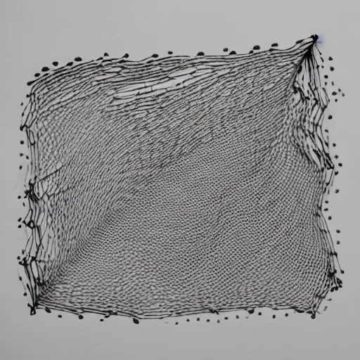 Prompt: a damaged mesh made out of tiny threads with rips and tears, black drawing on white paper