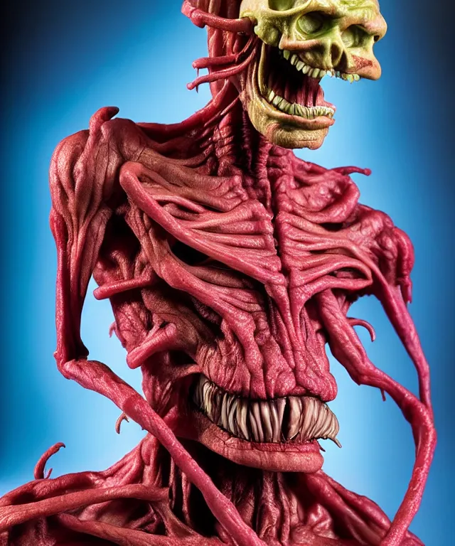 Image similar to hyperrealistic rendering, cronenberg flesh monster skeletor by art of skinner and richard corben and jeff easley, product photography, action figure, sofubi, studio lighting, colored gels