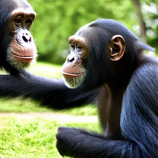 Image similar to chimpanzee looking curiously at a postbiological transhuman cyborg, hd photograph