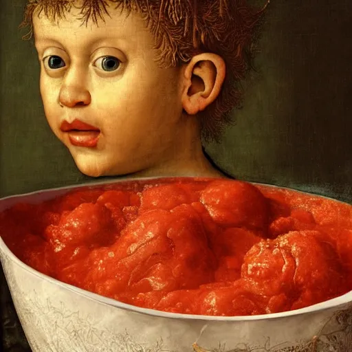 Image similar to a boy sitting in a tub full of tomato sauce, a lot of cabbage, by giuseppe arcimboldo and ambrosius benson, renaissance, portrait, fruit, intricate and intense oil paint, realistic