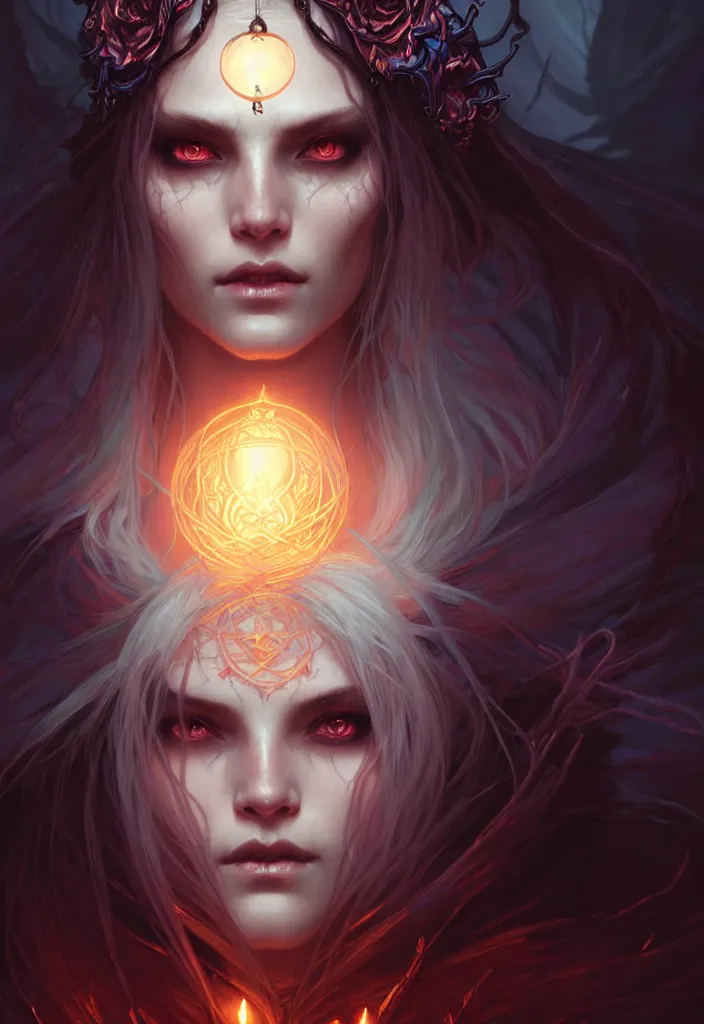 Image similar to Necromancer Sorceress face in center, fantasy magic, undercut hairstyle, dark light night, intricate, elegant, sharp focus, illustration, highly detailed, digital painting, concept art, matte, art by WLOP and Artgerm and Greg Rutkowski and Alphonse Mucha, masterpiece