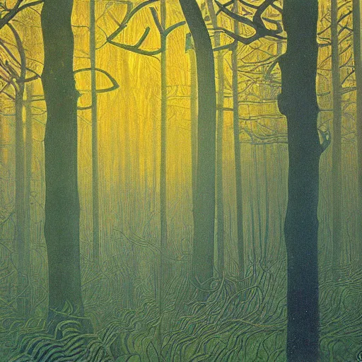 Image similar to a dark foggy golden blue forest, Tarkovsky style, eerie, pulsating , Ernst Haeckel, Klimt, Henri Rousseau