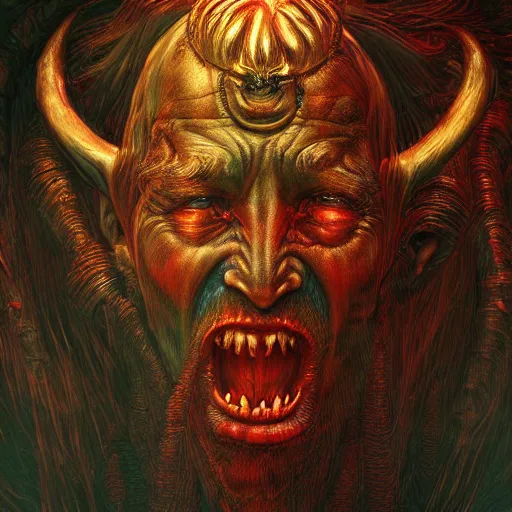 Image similar to Photorealistic demonic god in the style of Michael Whelan and Gustave Dore. Hyperdetailed photorealism, 108 megapixels, amazing depth, glowing rich colors, powerful imagery, psychedelic Overtones, 3D finalrender, 3d shading, cinematic lighting, artstation concept art