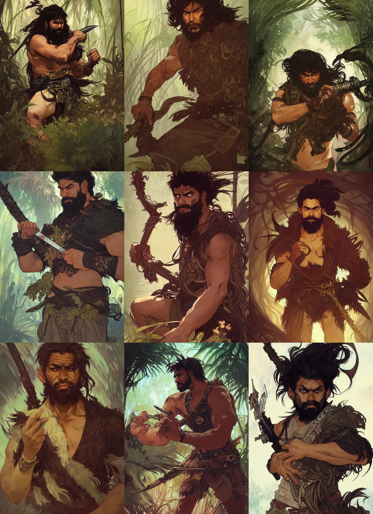 Prompt: jungle warrior, male, brown skin, black messy hair, beard, badass, angry, fight, high fantasy, dnd, smooth, sharp focus, illustration, by rossdraws, alphonse mucha, frank fanzzeta