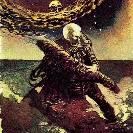 Prompt: howard pyle illustration of the first man to travel between universes