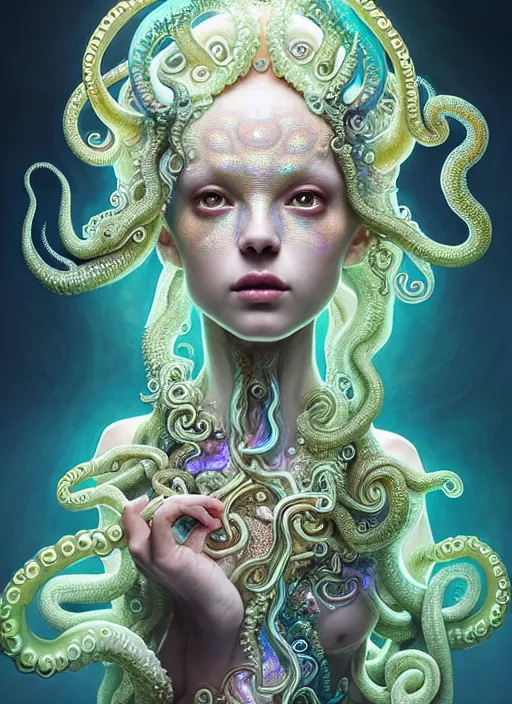 Image similar to A full shot of a cute magical monster wearing an ornate dress made of opals and tentacles. Subsurface Scattering. Translucent Skin. Caustics. Prismatic light. defined facial features, symmetrical facial features. Opalescent surface. Soft Lighting. beautiful lighting. By Giger and Ruan Jia and Artgerm and WLOP and William-Adolphe Bouguereau and Loish and Lisa Frank. Fantasy Illustration. Sailor Moon. Masterpiece. trending on artstation, featured on pixiv, award winning, cinematic composition, dramatic pose, sharp, details, Hyper-detailed, HD, HDR, 4K, 8K.