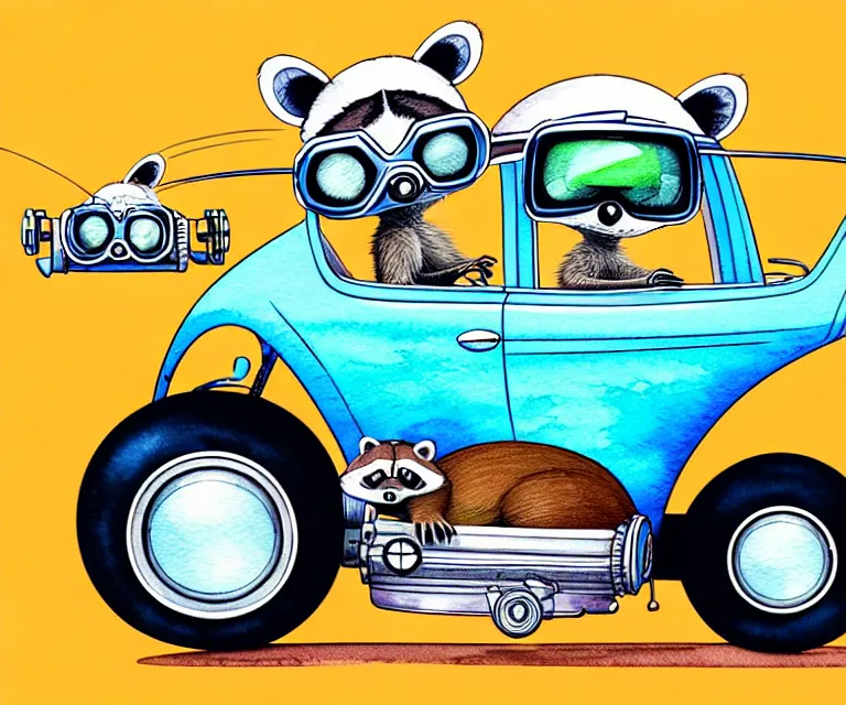 Image similar to cute and funny, racoon wearing goggles riding in a tiny hot rod with an oversized engine, ratfink style by ed roth, centered award winning watercolor pen illustration, isometric illustration by chihiro iwasaki, edited by range murata, tiny details by artgerm and watercolor girl, symmetrically isometrically centered, sharply focused