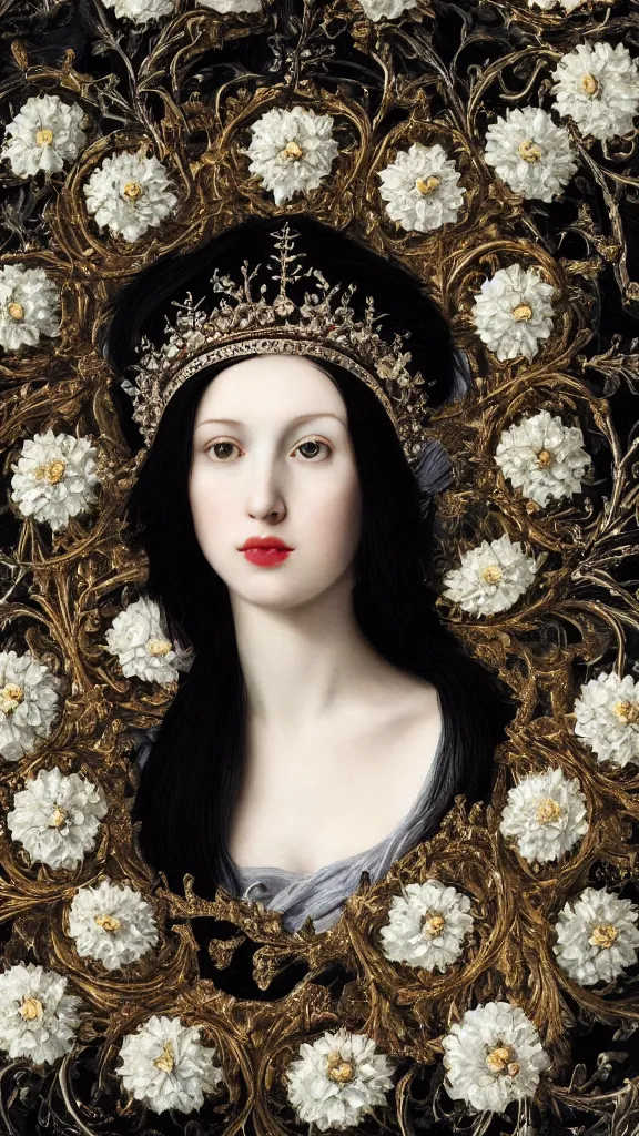 Image similar to a closeup portrait of a beautiful black haired woman with pale skin and a crown on her head sitted on an intricate metal throne, in an infinite landscape of flowers, photograph by caravaggio, canon eos c 3 0 0, ƒ 1. 8, 3 5 mm, 8 k, medium - format print