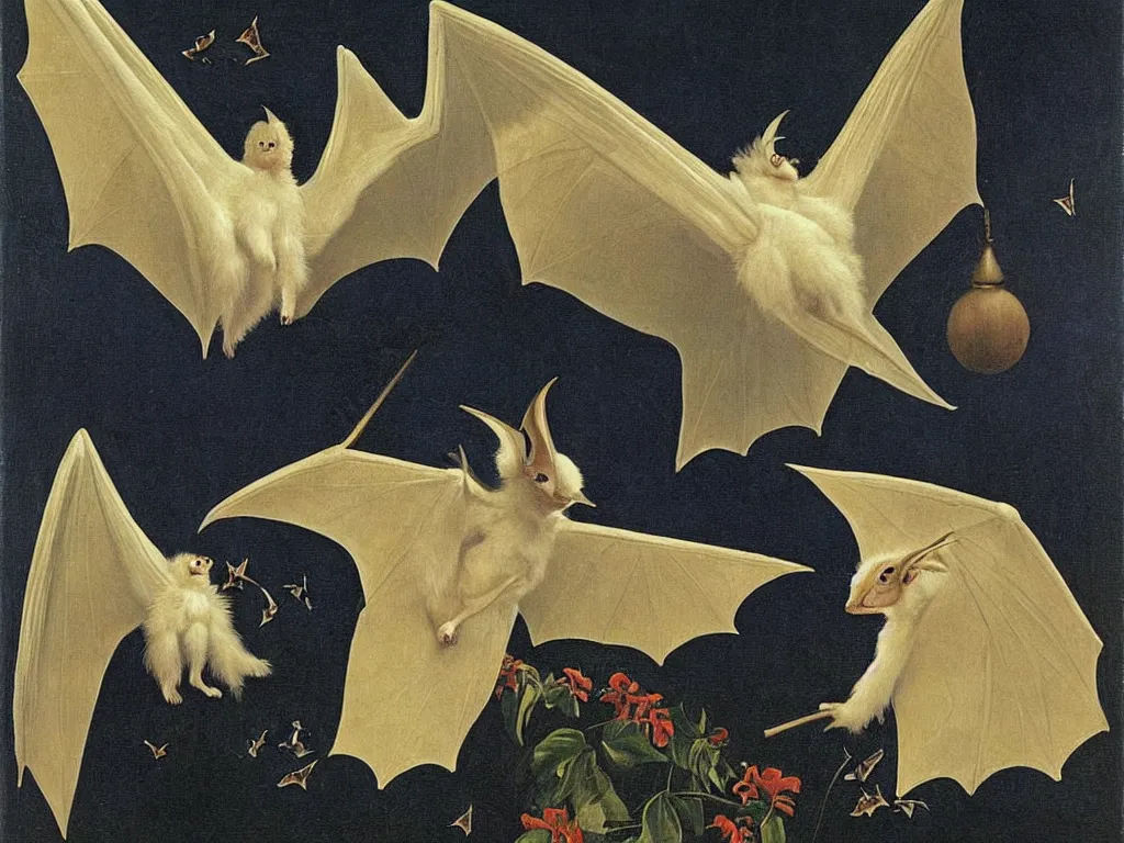 Prompt: beautiful exotic white fluffy bat, long antennae, giant ears. Night, fireflies. Painting by Jan van Eyck, Audubon, Rene Magritte, Agnes Pelton, Max Ernst, Walton Ford